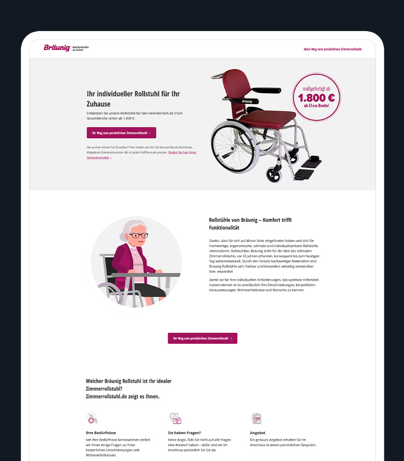 Screenshot der Landingpage – Rollstuhl und Text mit Button zum Konfigurator im Header, darunter Illustration älterer Person im Rollstuhl